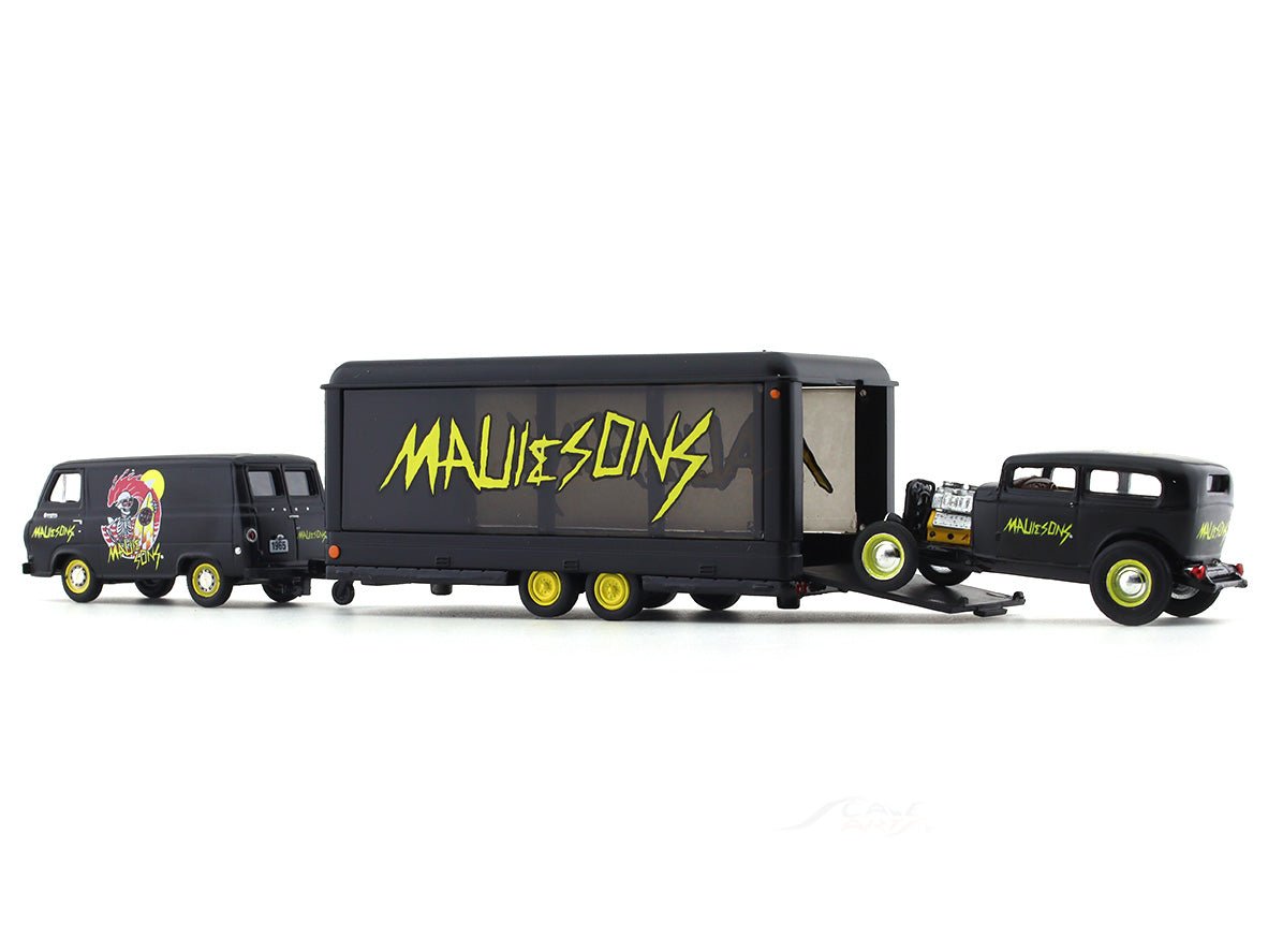 1964 Ford Econoline Truck “MAUI & SONS” & 1932 Ford Tutor Sedan 1:64 M2 Machines diecast hauler scale model
