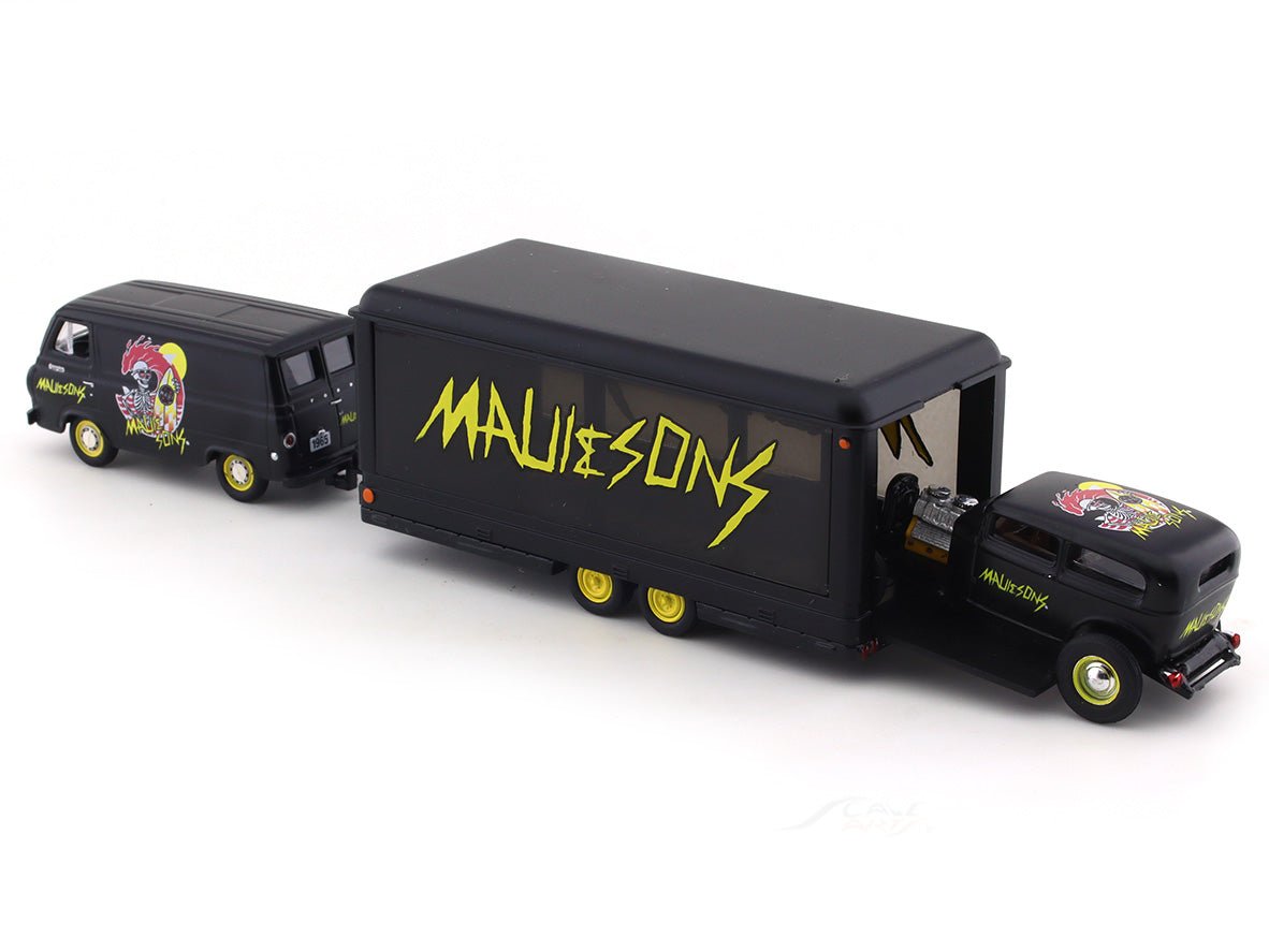 1964 Ford Econoline Truck “MAUI & SONS” & 1932 Ford Tutor Sedan 1:64 M2 Machines diecast hauler scale model
