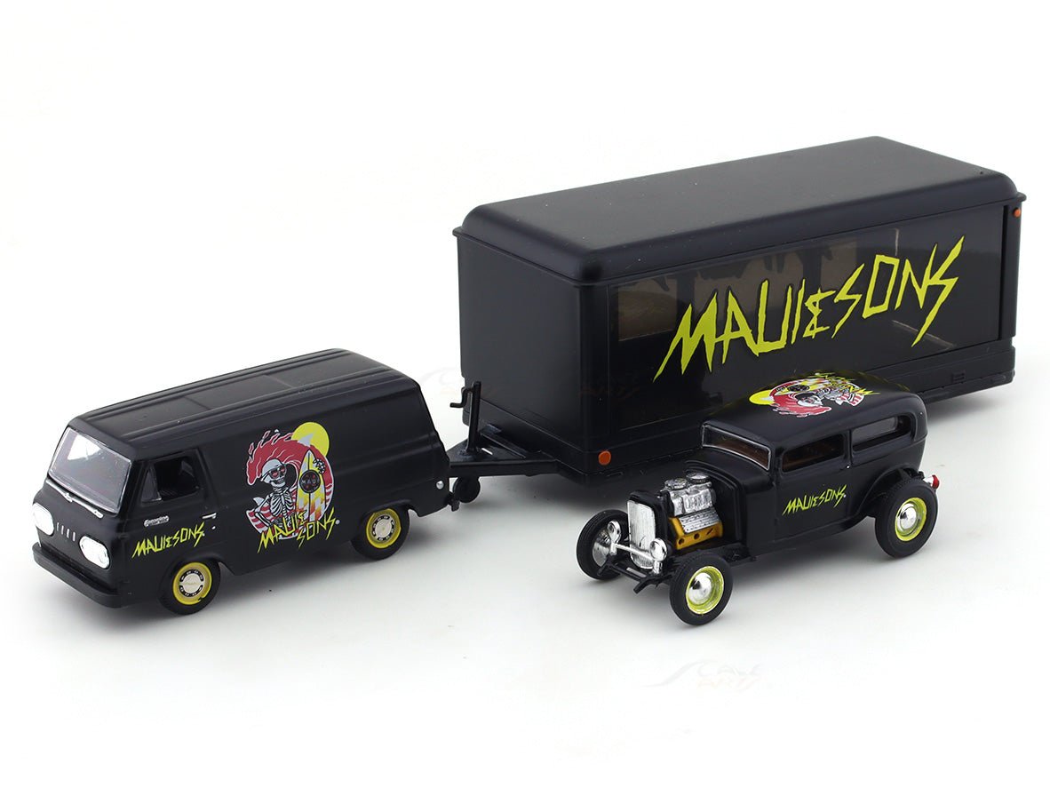 1964 Ford Econoline Truck “MAUI & SONS” & 1932 Ford Tutor Sedan 1:64 M2 Machines diecast hauler scale model