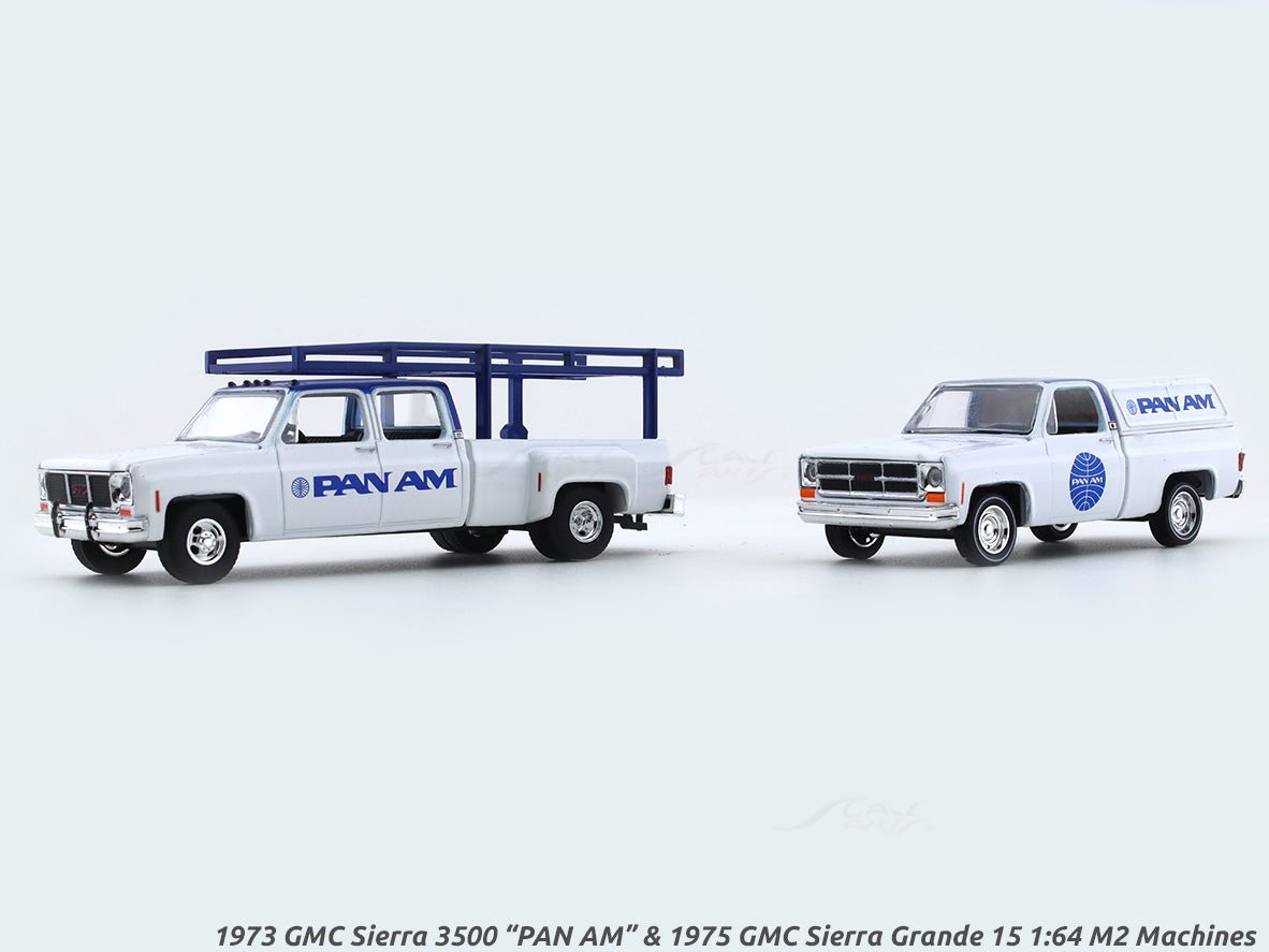 1973 GMC Sierra 3500 “PAN AM” & 1975 GMC Sierra Grande 15 1:64 M2 Machines diecast hauler scale model