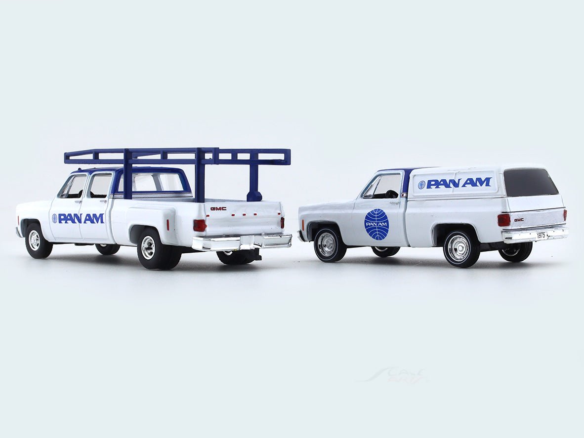 1973 GMC Sierra 3500 “PAN AM” & 1975 GMC Sierra Grande 15 1:64 M2 Machines diecast hauler scale model