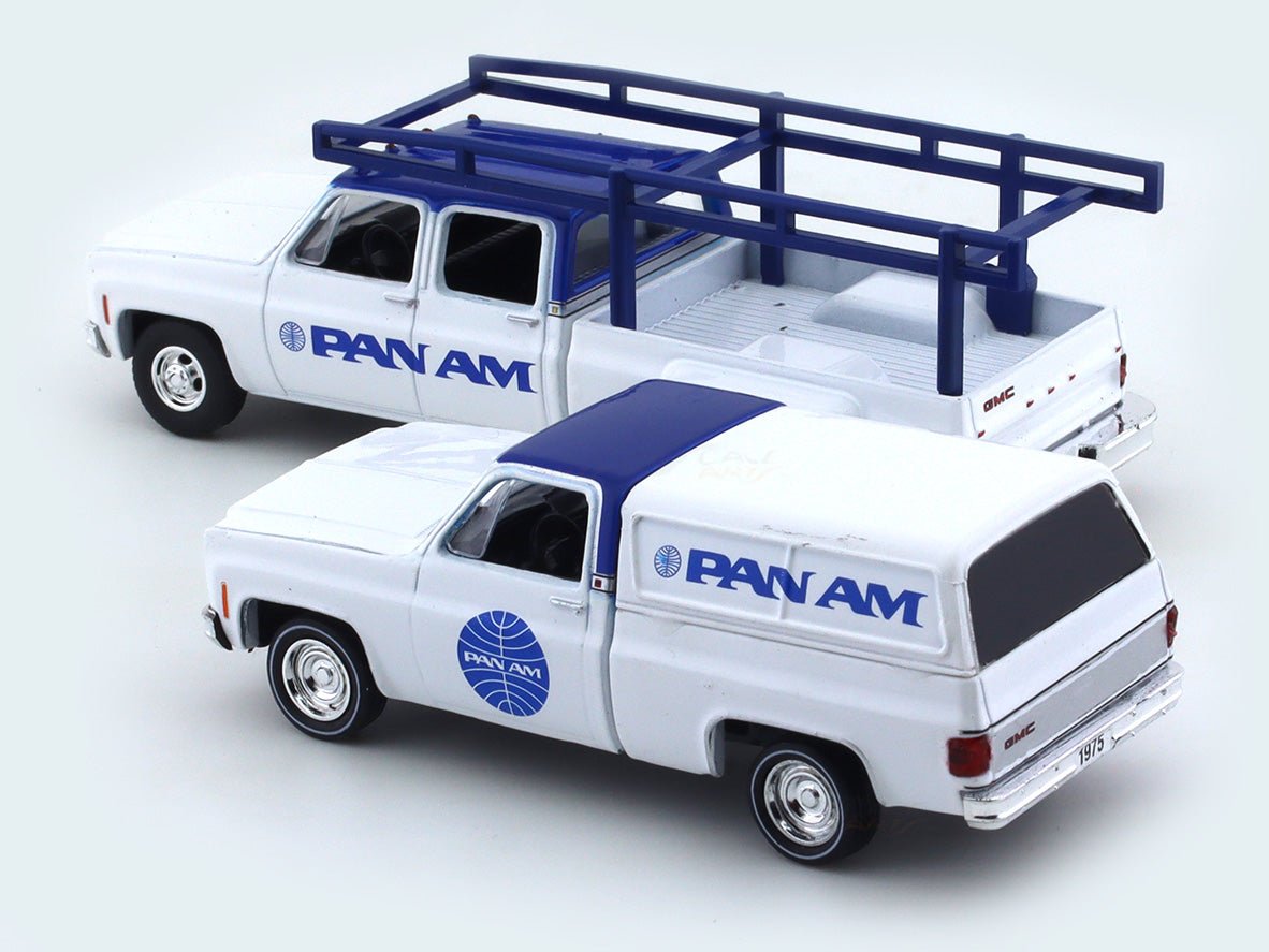 1973 GMC Sierra 3500 “PAN AM” & 1975 GMC Sierra Grande 15 1:64 M2 Machines diecast hauler scale model