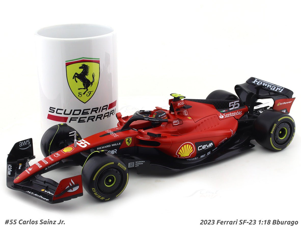 2023 Ferrari SF-23 #55 Carlos Sainz Jr. 1:18 Bburago & Coffee mug Scale Model car collectible