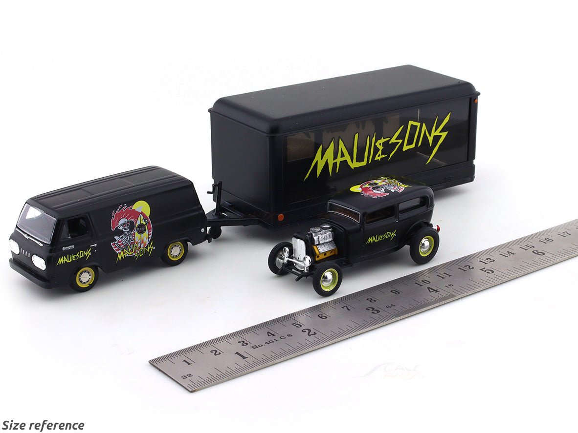 1964 Ford Econoline Truck “MAUI & SONS” & 1932 Ford Tutor Sedan 1:64 M2 Machines diecast hauler scale model