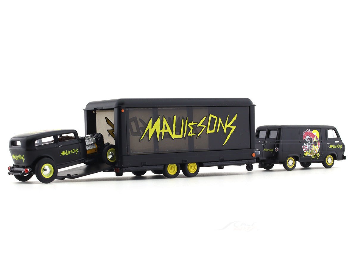 1964 Ford Econoline Truck “MAUI & SONS” & 1932 Ford Tutor Sedan 1:64 M2 Machines diecast hauler scale model