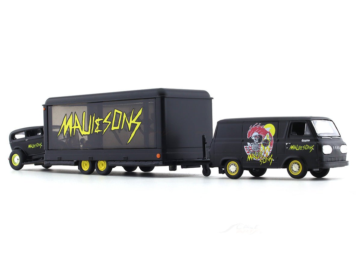 1964 Ford Econoline Truck “MAUI & SONS” & 1932 Ford Tutor Sedan 1:64 M2 Machines diecast hauler scale model