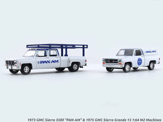 1973 GMC Sierra 3500 “PAN AM” & 1975 GMC Sierra Grande 15 1:64 M2 Machines diecast hauler scale model